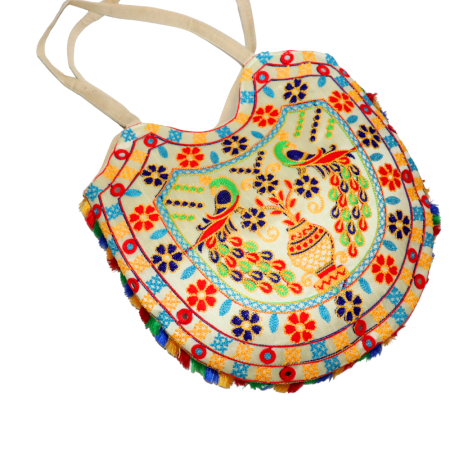 Handmade Jaipuri Embroidered Cotton Handbag – Multicolor Ethnic Tote with Peacock Design